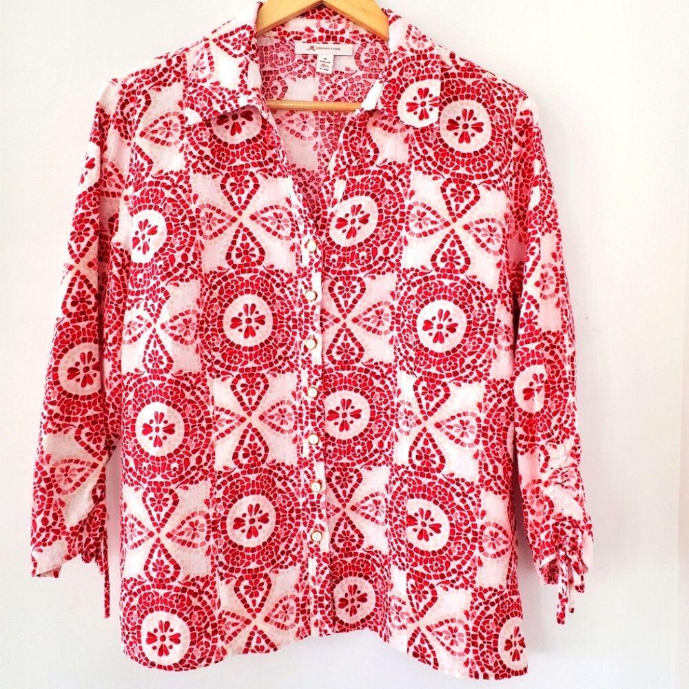 JM COLLECTION Sz 12 100% Linen 3/4 Sleeve Button Up Top Boho Medallion Red White
